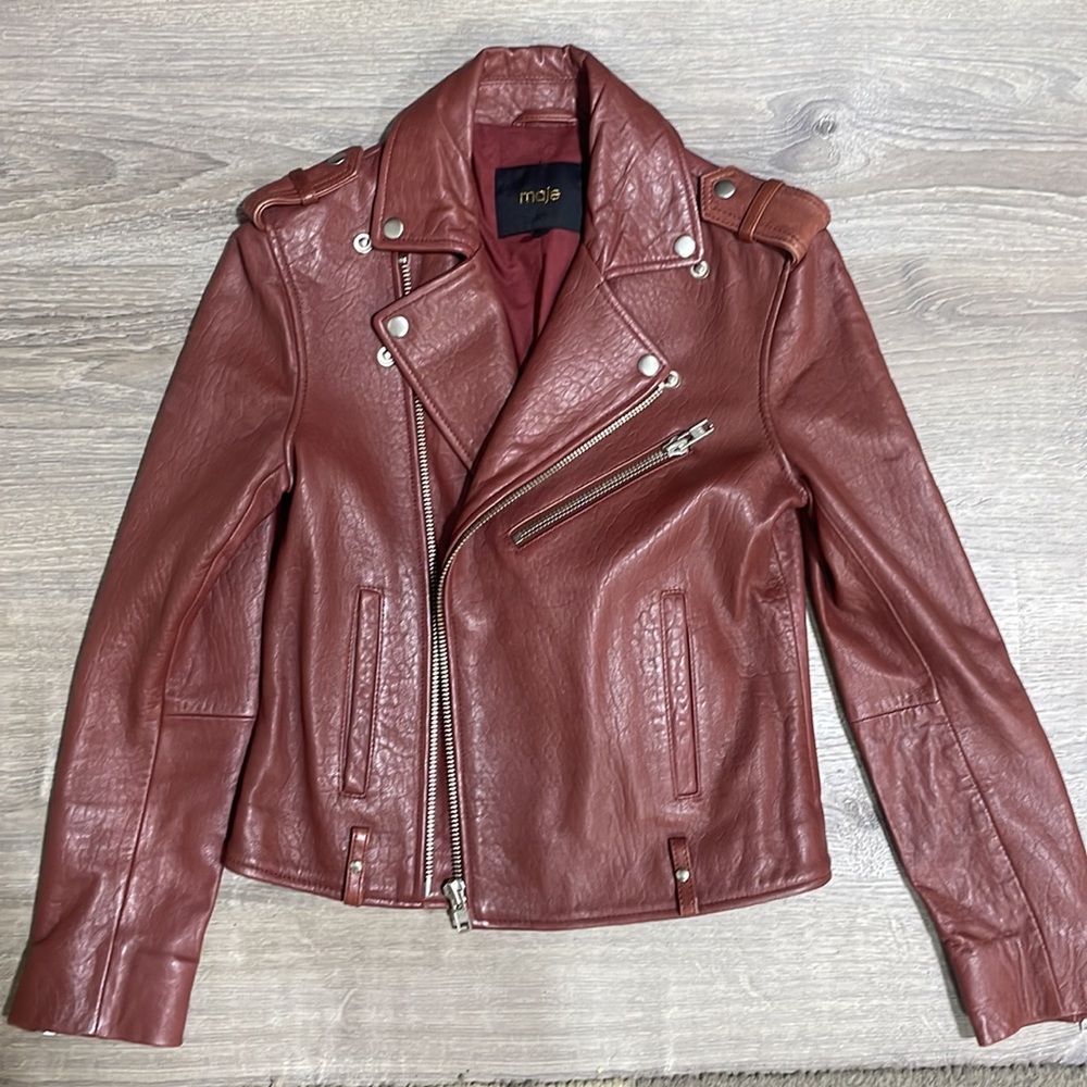 Maje Deep Red Maroon Leather Moto Motorcycle Biker Jacket size EU 36 (US 4)